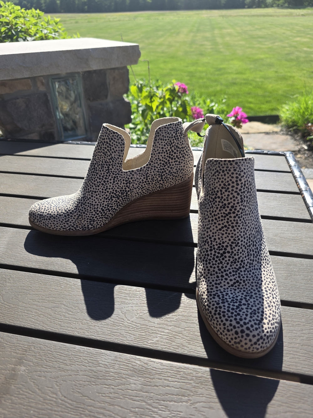 Toms Spotted Cream Ankle Booties with Low Wedge Heel